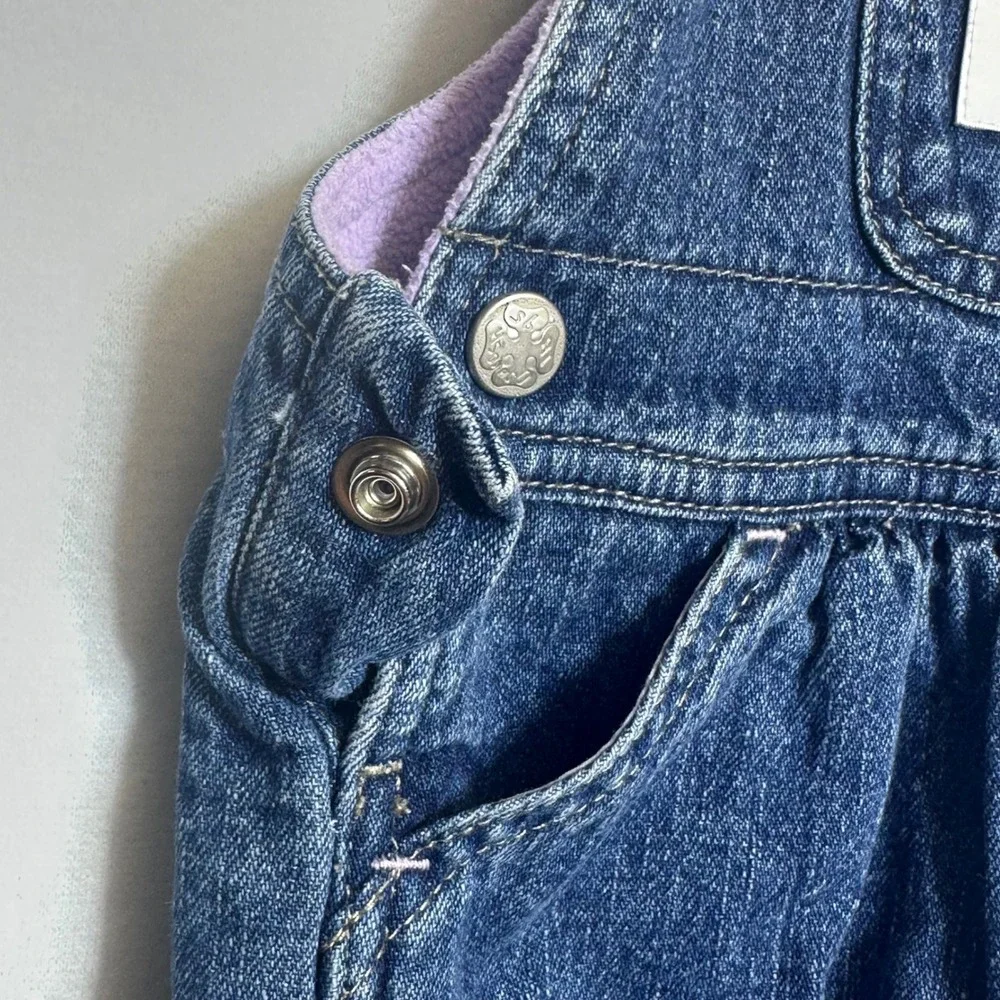 OshKosh Denim Overalls Girls 6-9M Blue Fleece Lined Polar Bear Winter Dungarees